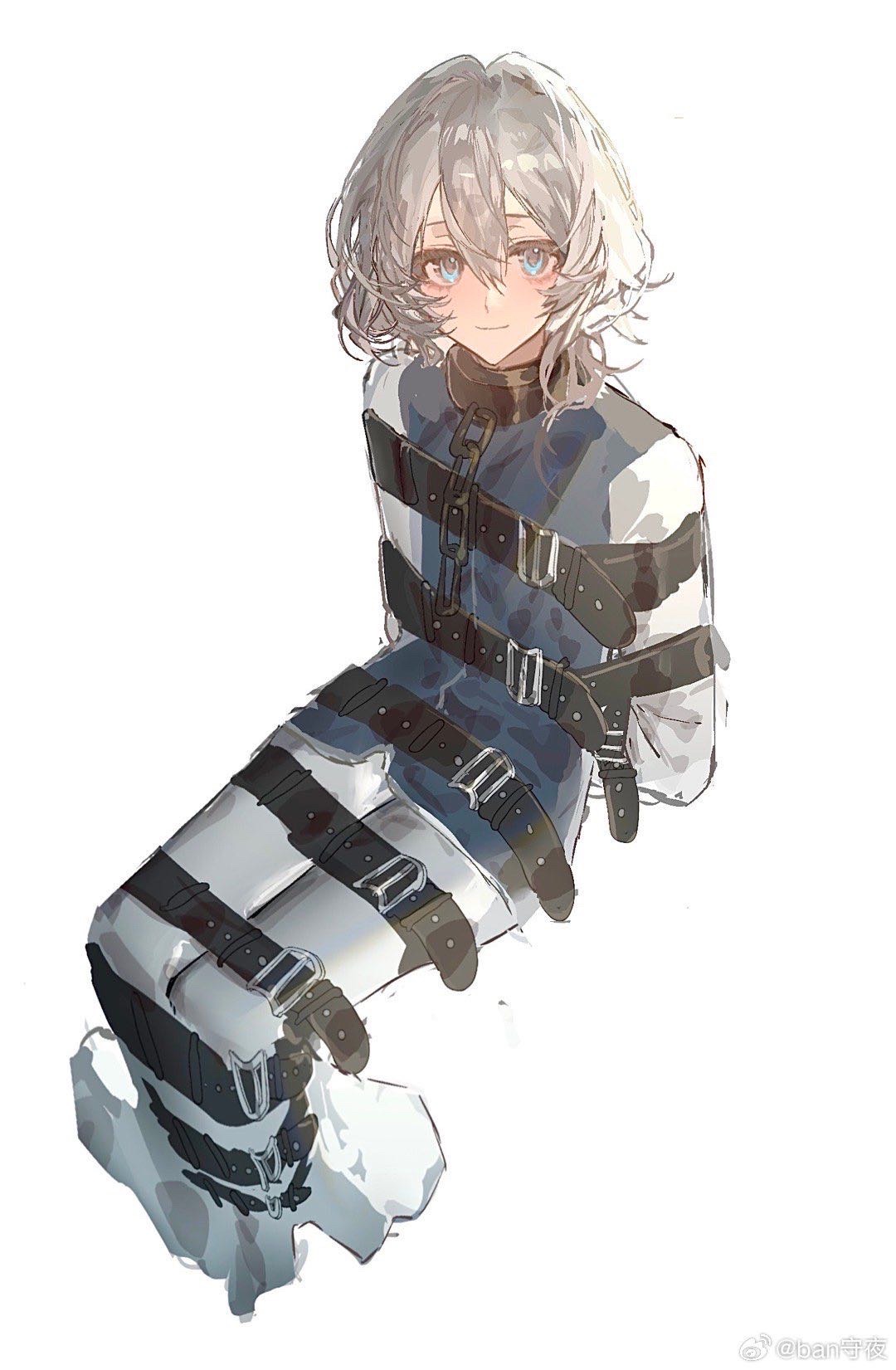 ithaqua (identity v), identity v, highres, 1boy, alternate costume, androgynous, arms behind back, bishounen, blonde hair, blue eyes, blue jacket, chain, collar, cropped legs, hair between eyes, jacket, light smile, looking at viewer, male focus, medium hair, nanshizichuanduikuailefengnancanshang, no mask, pants, restrained, shirt, sitting, sleeveless, sleeveless jacket, straitjacket, white background, white pants, white shirt, wolf cut