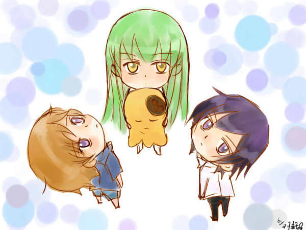 c.c., cheese-kun, kururugi suzaku, lelouch vi britannia, rolo lamperouge, code geass, pilot suit, bad id, bad pixiv id, 00s, 1girl, 2boys, bodysuit, boots, chibi, green hair, high heels, monochrome, multiple boys, purple eyes, shoes, white background, yellow eyes