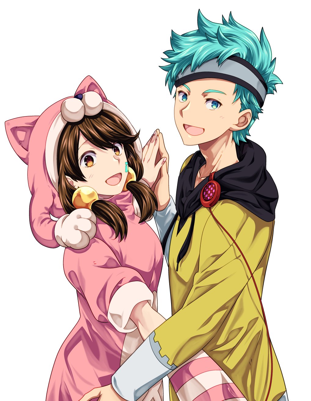 ikuhashi muiko, aizaki momo, takaoka pollon, anonymous;code, science adventure, highres, 1boy, 1girl, adam's apple, animal costume, blue eyes, blue hair, breasts, cat costume, dress, hood, hooded sweater, looking at viewer, onesie, open mouth, small breasts, smile, striped sleeves, sweater, sweater dress, tongue, white background