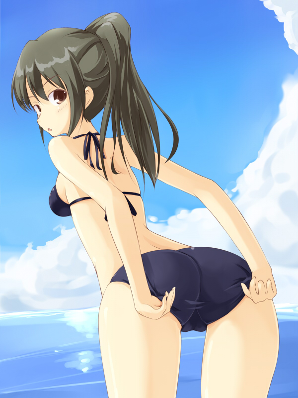 kuro (be ok), original, bad id, bad pixiv id, 1girl, adjusting clothes, adjusting swimsuit, ass, bikini, black bikini, black hair, brown eyes, day, female focus, leaning forward, long hair, looking back, ponytail, solo, swimsuit