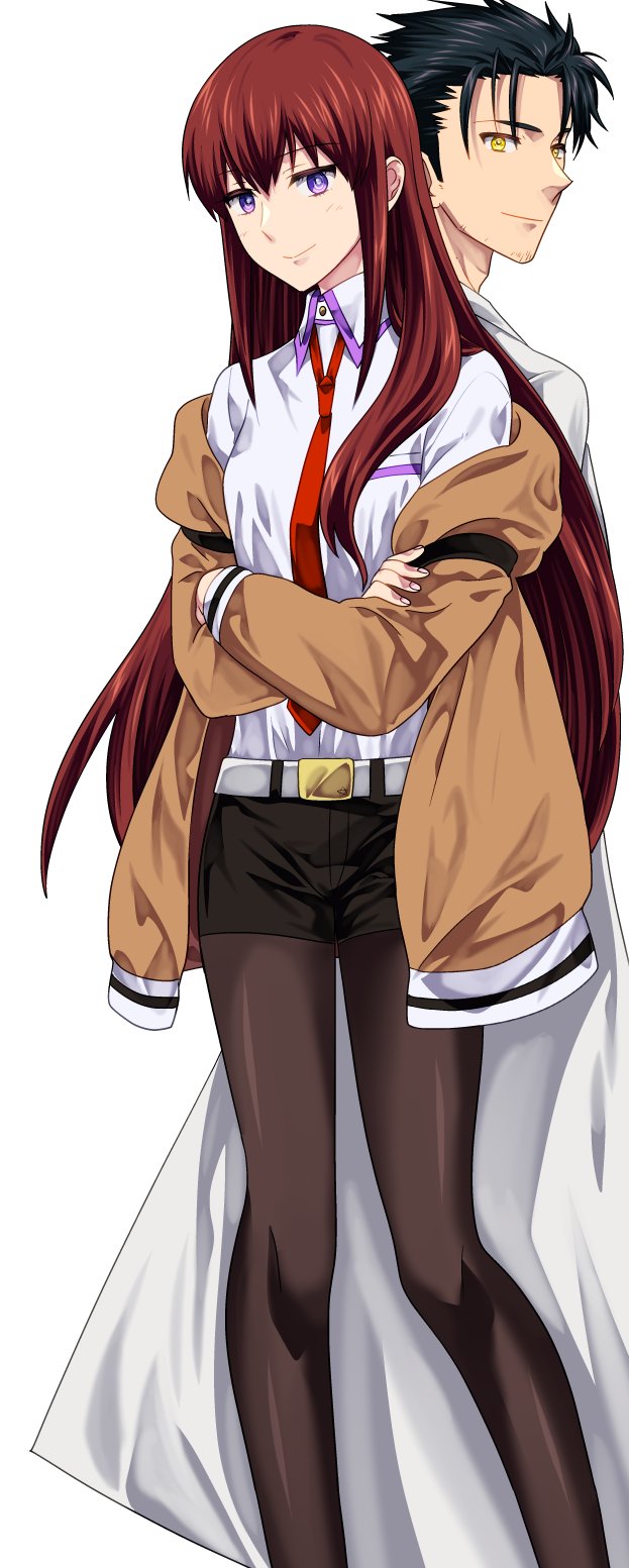 ikuhashi muiko, makise kurisu, okabe rintarou, science adventure, steins;gate, highres, adam's apple, arm belt, beard stubble, belt, black hair, black pantyhose, black shorts, breast pocket, breasts, brown hair, brown jacket, coat, collarbone, collared shirt, crossed arms, facial hair, hair between eyes, hair over shoulder, jacket, jacket partially removed, lab coat, lapels, leather belt, long sleeves, messy hair, necktie, notched lapels, pantyhose, pocket, purple eyes, purple trim, red necktie, shirt, short shorts, shorts, small breasts, smile, stubble, white background, white belt, white coat, white shirt, yellow eyes