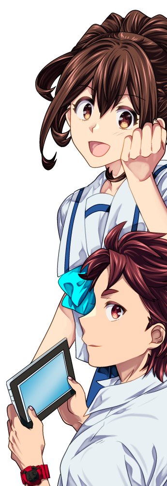 ikuhashi muiko, senomiya akiho, yashio kaito, robotics;notes, science adventure, blue bow, blue skirt, bow, braid, brown eyes, brown hair, chest bow, chuo tanegashima high school uniform, collared shirt, cropped shirt, hair between eyes, half up braid, high-waist skirt, high ponytail, pleated skirt, ponytail, ponytail with braided base, red eyes, red hair, sailor collar, school uniform, shirt, short sleeves, skirt, white background, white sailor collar, white shirt