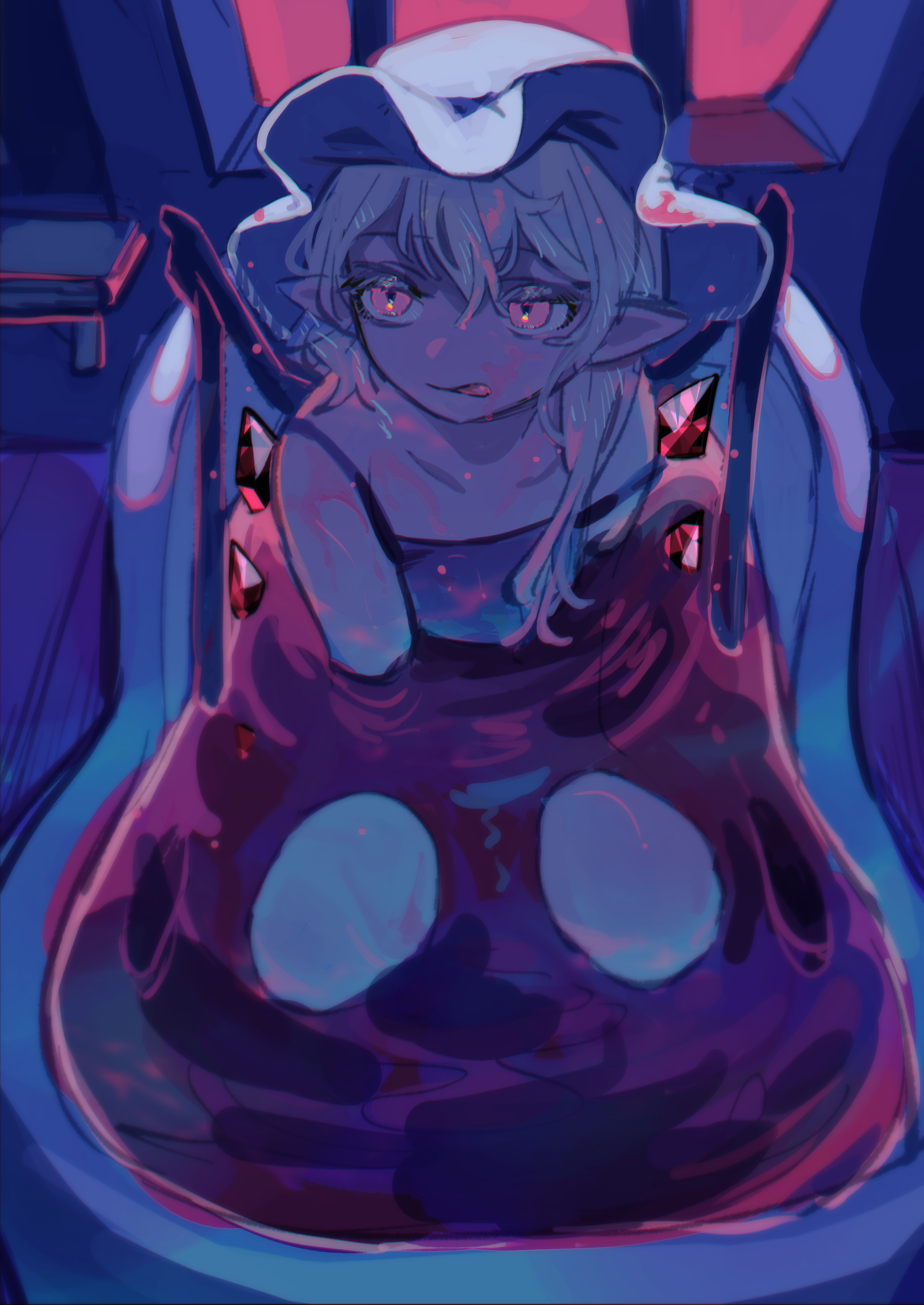shi chimi, flandre scarlet, touhou, absurdres, highres, 1girl, bath, bathroom, blood, blood on face, collarbone, crystal wings, hair between eyes, hat, licking lips, medium hair, mob cap, pointy ears, red eyes, side ponytail, solo, tank top, tongue, tongue out, vampire, wings