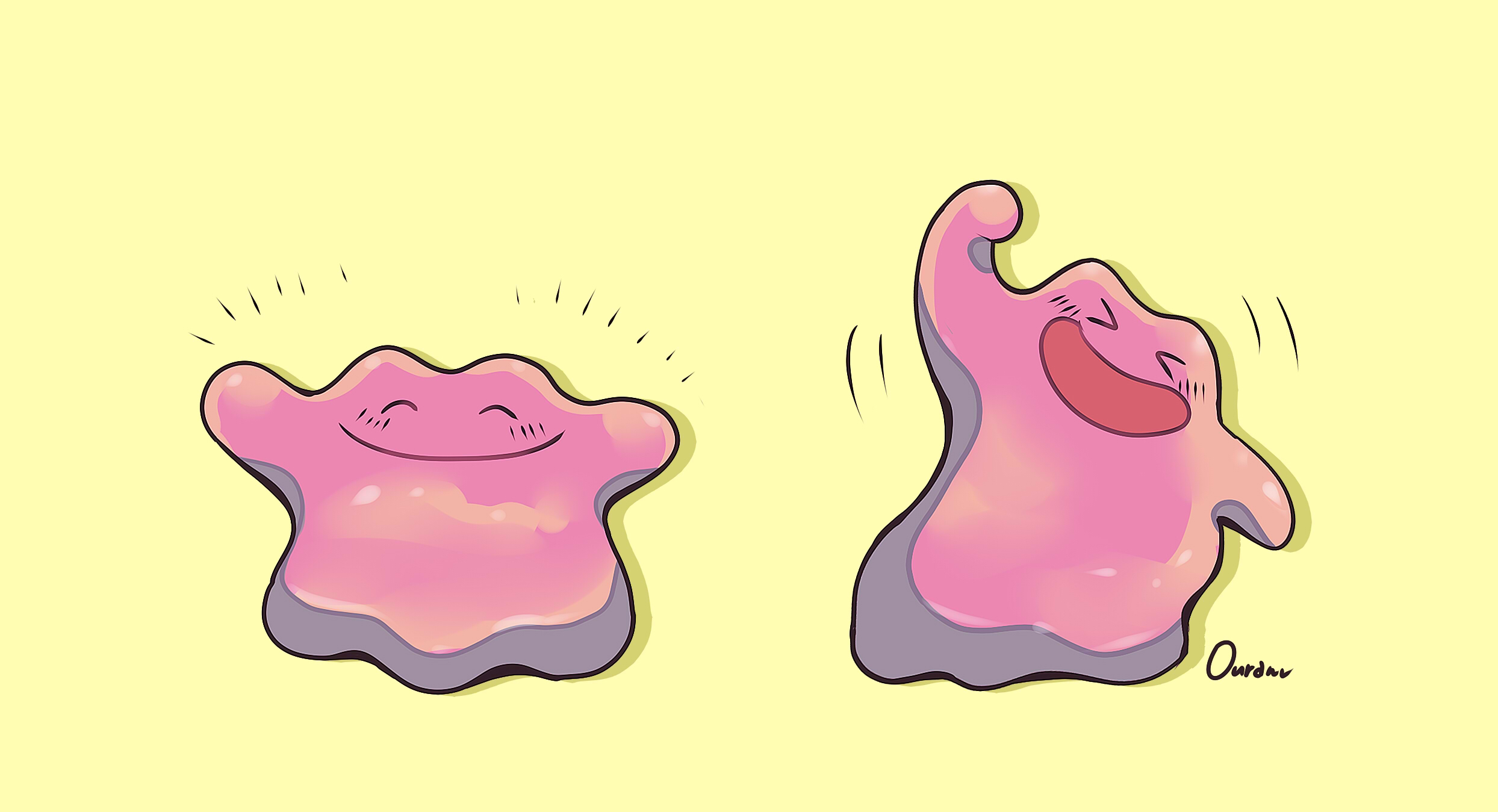 ouran, ditto, nintendo, pokemon, commentary request, highres, > <, arm up, closed eyes, full body, gen 1 pokemon, happy, happy aura, no humans, open mouth, pokemon (creature), signature, simple background, smile, yellow background