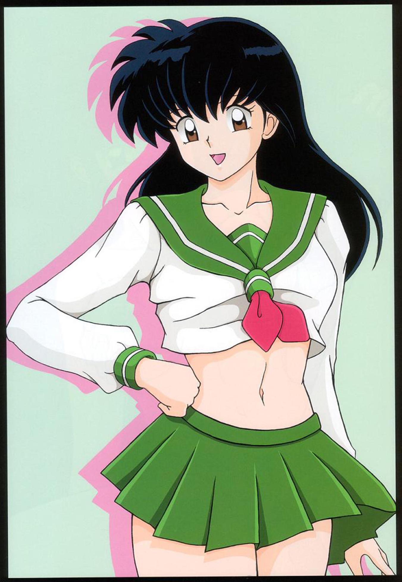 higurashi kagome, inuyasha, highres, 1girl, black hair, brown eyes, female focus, hand on own hip, legs, long hair, midriff, miniskirt, navel, school uniform, skirt, smile, solo, thick thighs, thighhighs, thighs