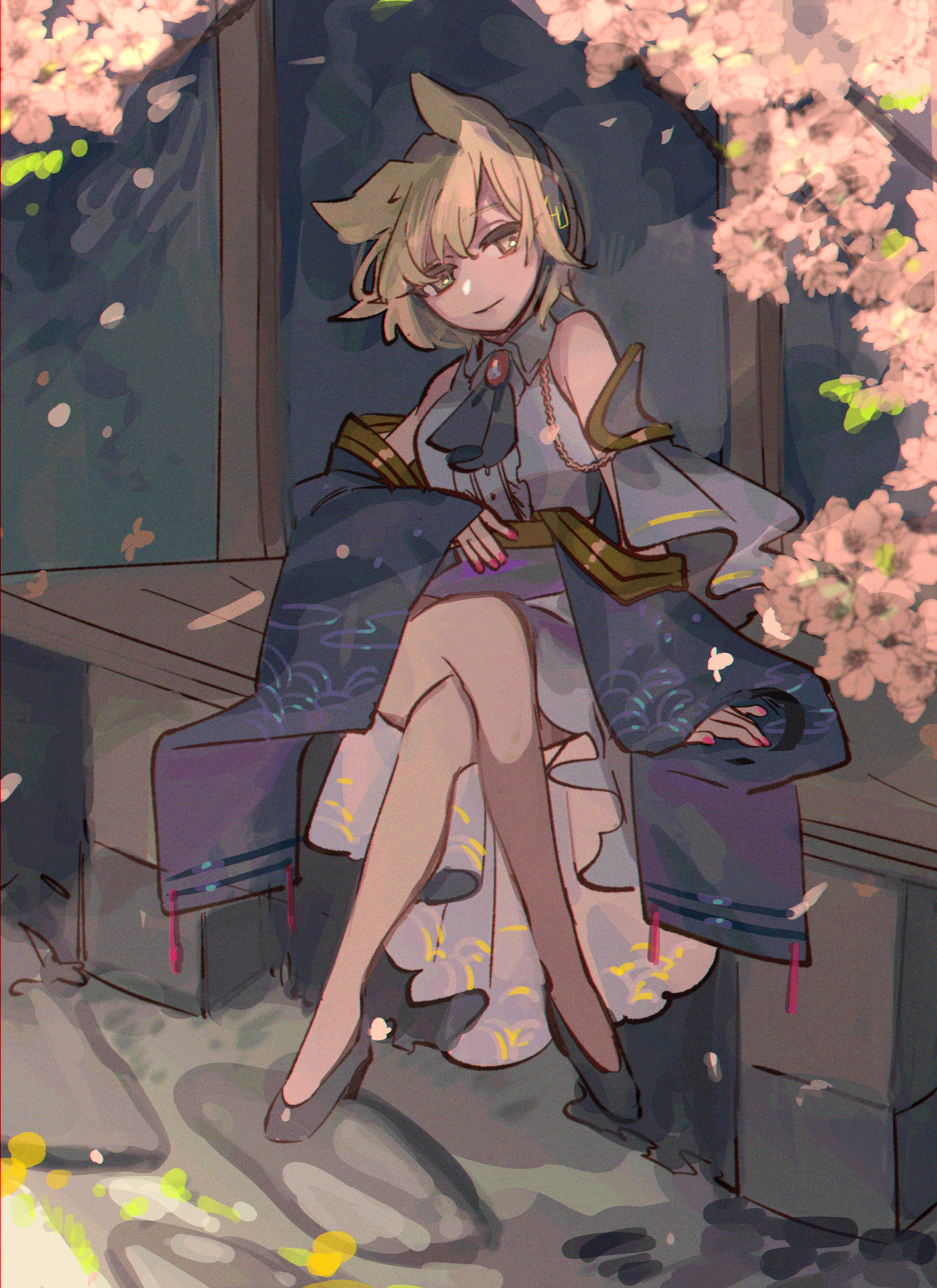 shi chimi, toyosatomimi no miko, touhou, absurdres, highres, 1girl, alternate costume, ascot, bare shoulders, black ascot, blonde hair, cherry blossoms, closed mouth, crossed legs, dress, earphones, full body, light smile, looking at viewer, nail polish, pink nails, pointy hair, robe, sitting, sleeveless, sleeveless dress, solo, white dress, yellow eyes