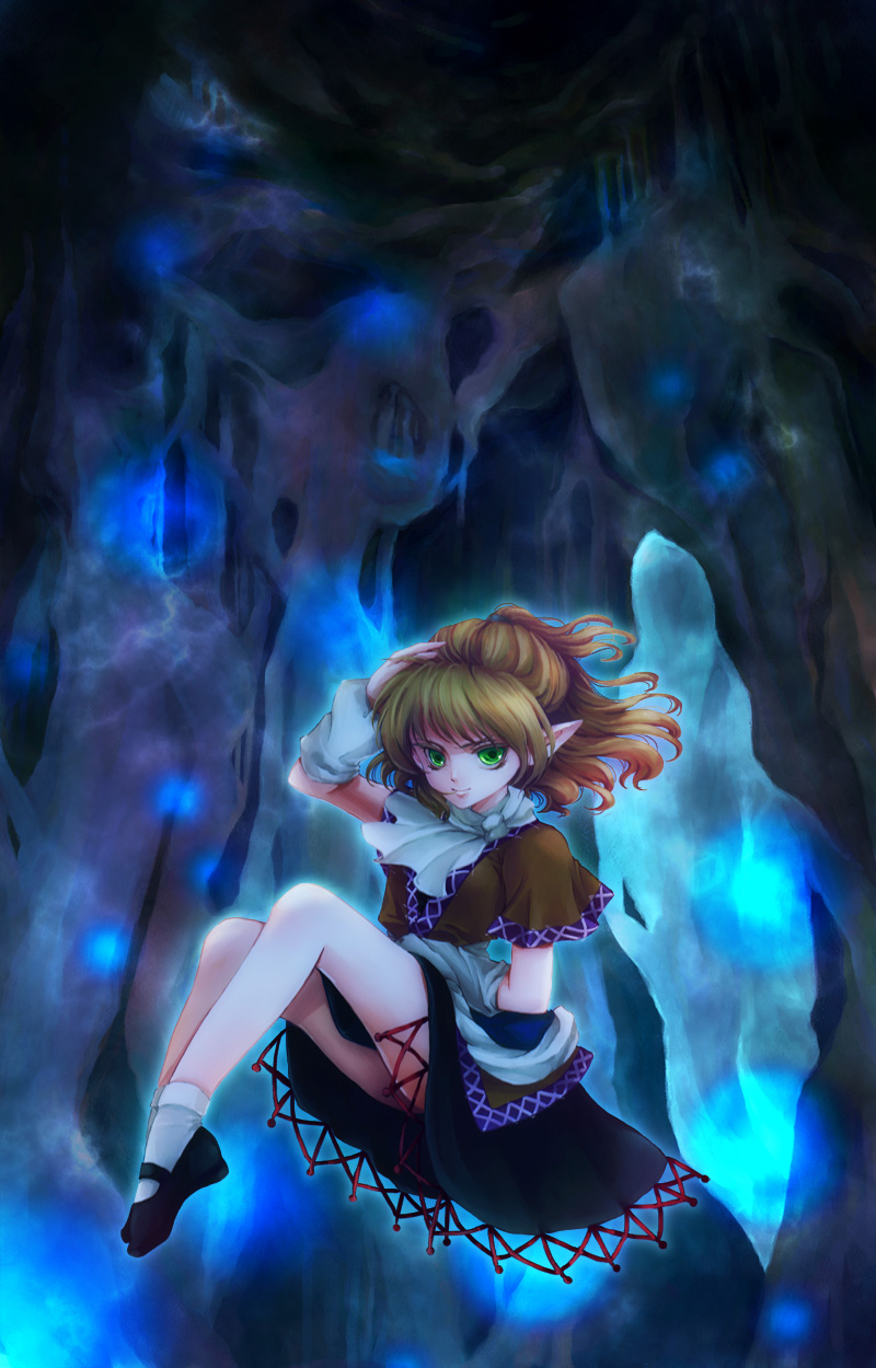 awa toka, mizuhashi parsee, touhou, bad id, bad pixiv id, highres, 1girl, arm warmers, blonde hair, female focus, green eyes, mary janes, pointy ears, scarf, shoes, short hair, solo