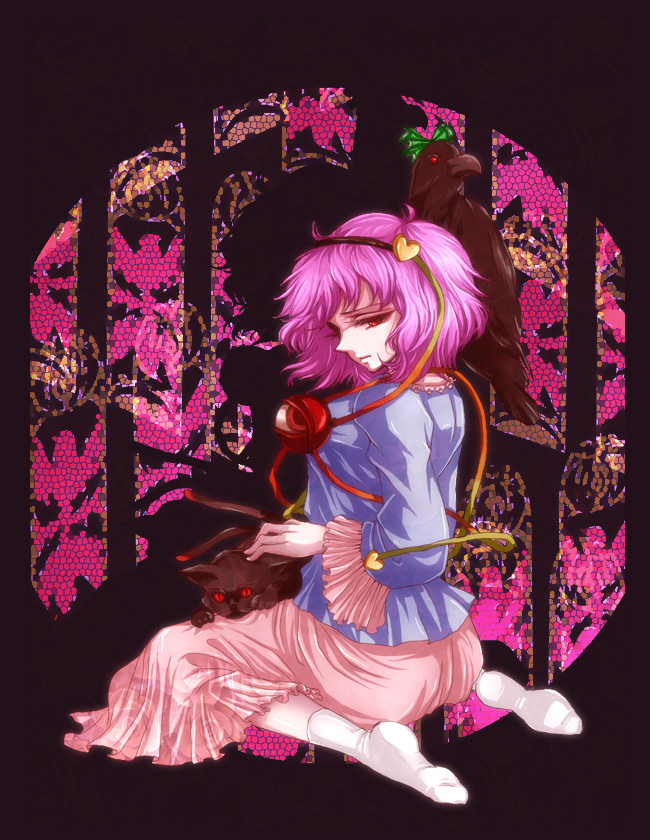 awa toka, kaenbyou rin, kaenbyou rin (cat), komeiji satori, reiuji utsuho, reiuji utsuho (bird), touhou, bad id, bad pixiv id, 1girl, animal, animal on lap, animal on shoulder, bird, bird on shoulder, cat, cat on lap, feet, female focus, hairband, heart, on lap, purple hair, red eyes, short hair, socks, solo