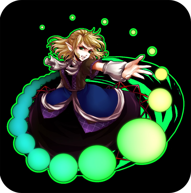 awa toka, mizuhashi parsee, touhou, bad id, bad pixiv id, 1girl, arm warmers, blonde hair, clenched teeth, danmaku, female focus, green eyes, looking at viewer, pointy ears, rounded corners, scarf, short hair, solo, teeth