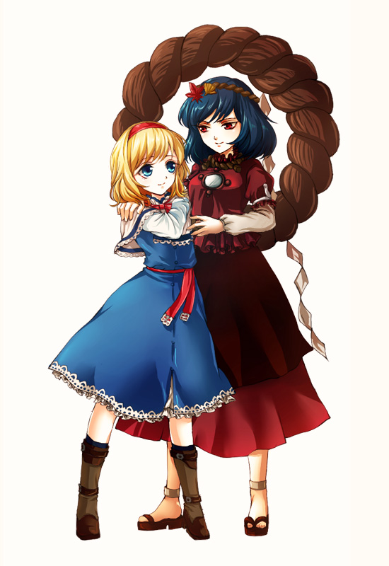 awa toka, alice margatroid, yasaka kanako, touhou, bad id, bad pixiv id, 2girls, ankle cuffs, anklet, blonde hair, blue eyes, blue hair, female focus, hair ornament, hairband, jewelry, leaf, leaf hair ornament, light smile, multiple girls, red eyes, rope, sandals, short hair, simple background