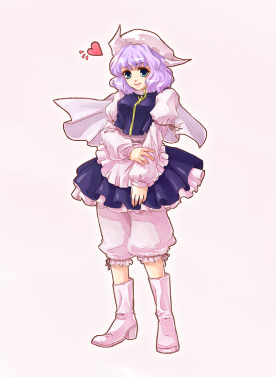 awa toka, letty whiterock, touhou, light purple hair, bad id, bad pixiv id, 1girl, bloomers, blue eyes, boots, female focus, full body, hat, heart, simple background, solo, underwear