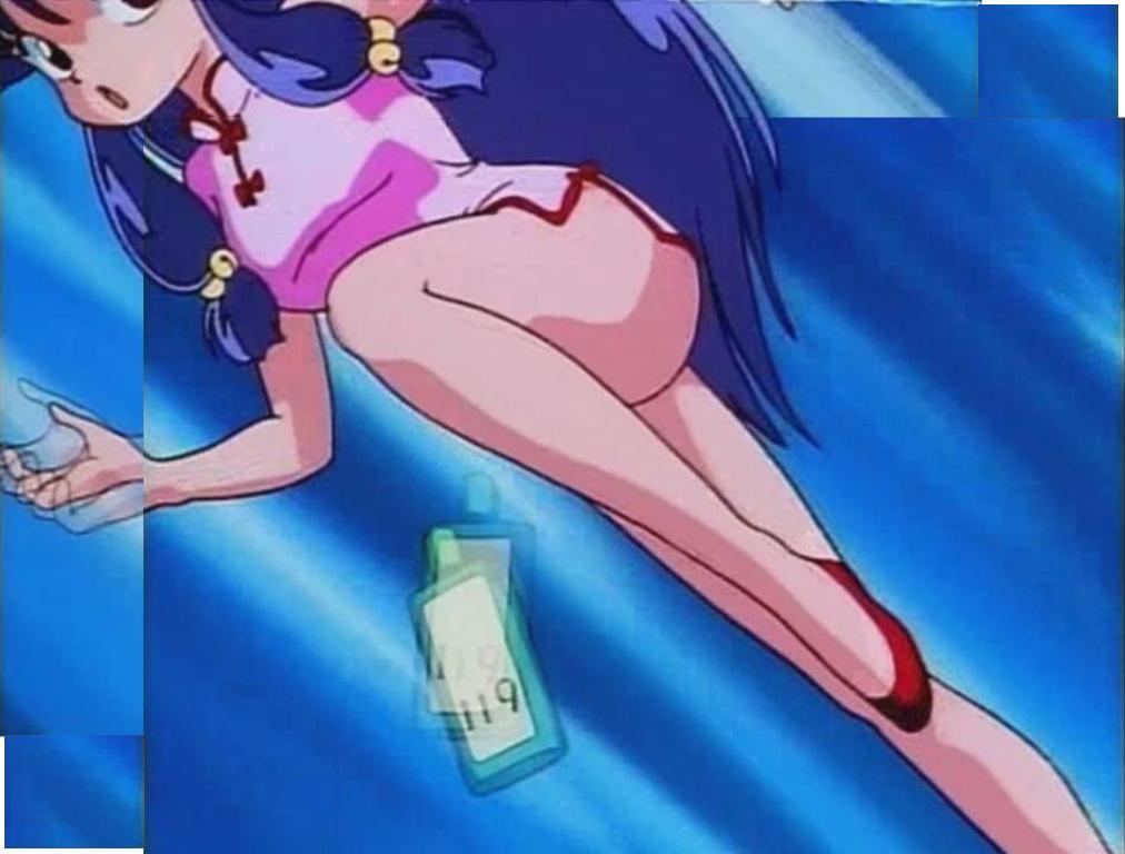 shampoo (ranma 1/2), ranma 1/2, screencap, fixme, poorly stitched, stitched, blue hair, china, china dress, chinese clothes, dress, jumping, legs, long hair, miniskirt, short dress, skirt