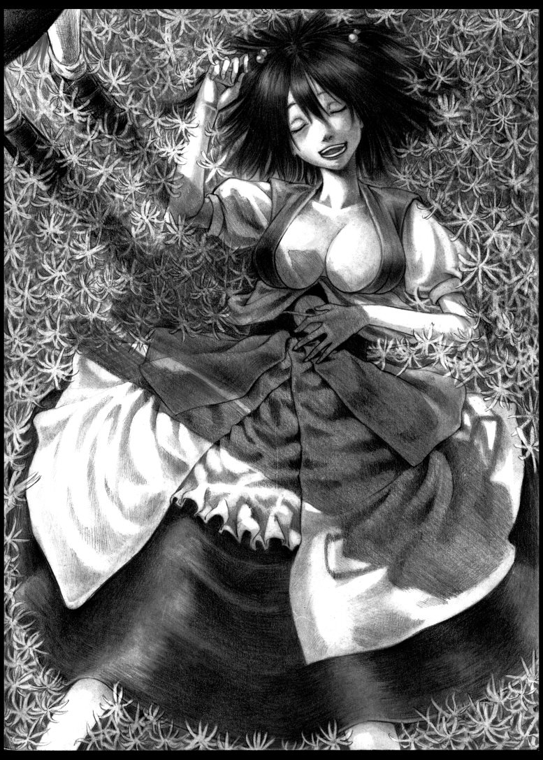 edo tatsuki, onozuka komachi, shiki eiki, touhou, 2girls, breasts, cleavage, female focus, field, flower, flower field, from above, greyscale, monochrome, multiple girls, plant, red flower, shadow, solo focus, spider lily, standing