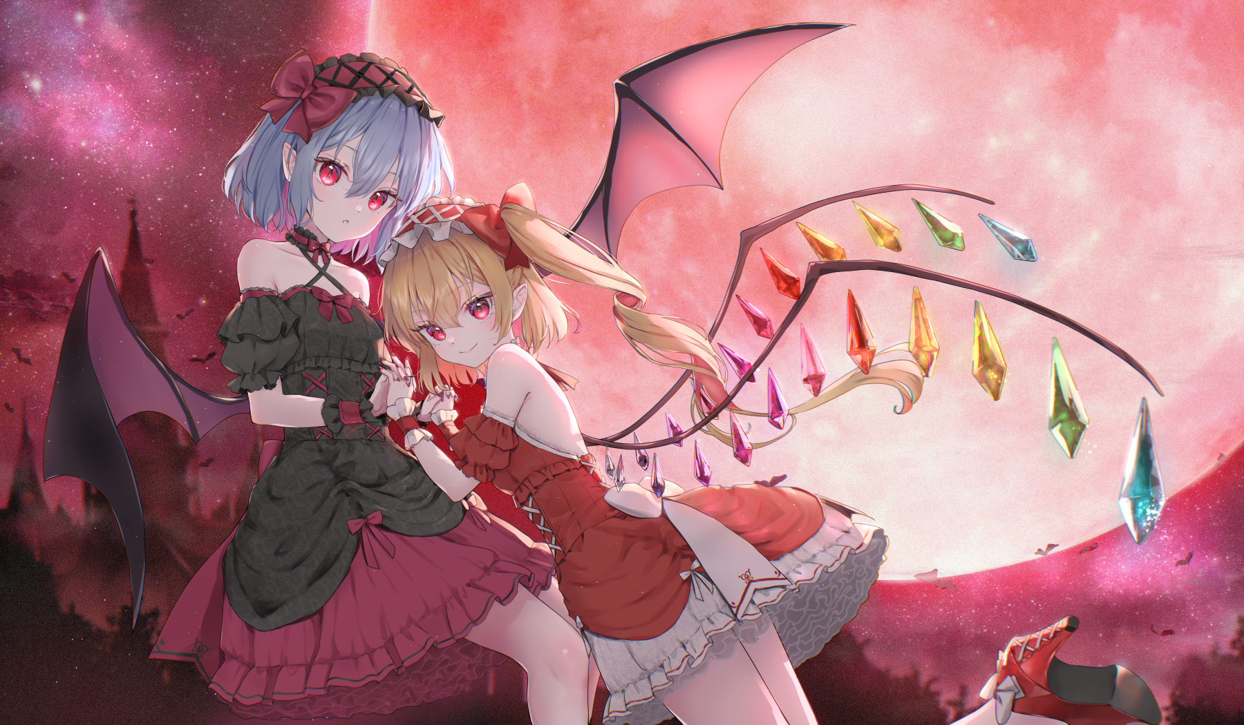 shironeko yuuki, flandre scarlet, remilia scarlet, touhou, highres, 2girls, backless dress, backless outfit, bat (animal), bat wings, black dress, blonde hair, blue hair, crystal wings, dress, full moon, huge moon, interlocked fingers, looking at viewer, moon, multiple girls, night, off-shoulder dress, off shoulder, one side up, parted lips, red dress, red eyes, red moon, red sky, scarlet devil mansion, siblings, sisters, sky, smile, star (sky), starry sky, wings