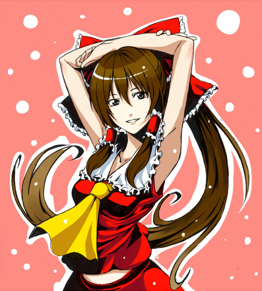 edo tatsuki, hakurei reimu, touhou, 1girl, armpits, blouse, breasts, brown hair, female focus, japanese clothes, long hair, midriff peek, miko, necktie, outline, pink background, ponytail, red shirt, ribbon, shirt, skirt, solo, very long hair