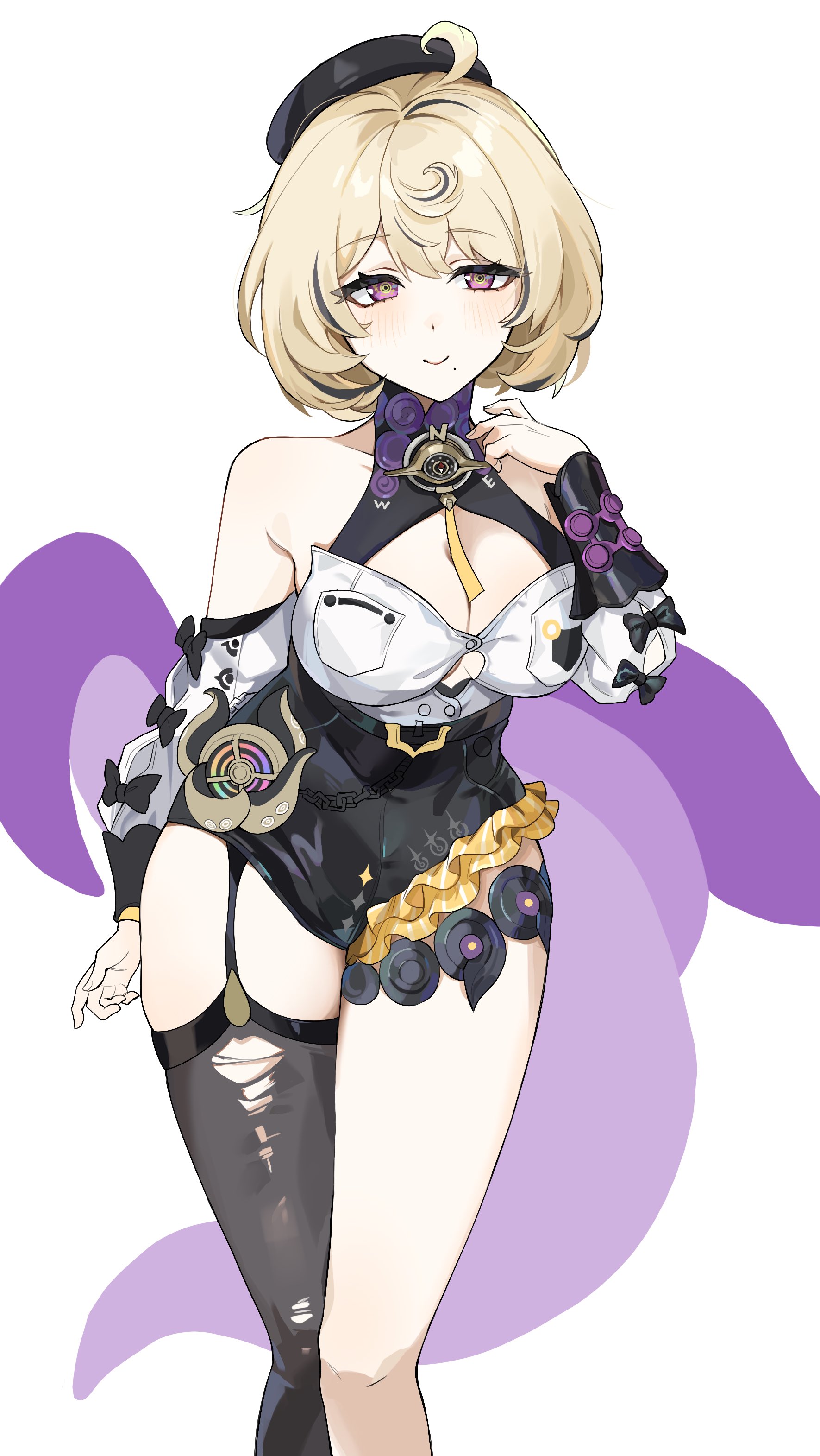 umiinu (umi inu11), yidhari murphy, zenless zone zero, absurdres, commentary, highres, symbol-only commentary, 1girl, asymmetrical shorts, bare shoulders, beret, black bow, black hat, black shorts, black thighhighs, blonde hair, blush, bow, button gap, closed mouth, cowboy shot, cowlick, detached sleeves, garter straps, hand up, hat, high-waist shorts, looking at viewer, mole, mole under mouth, purple eyes, shirt, short hair, shorts, simple background, single garter strap, single thighhigh, smile, solo, tentacle girl, tentacle tail, tentacles, thighhighs, torn clothes, torn thighhighs, white background, white shirt, white sleeves