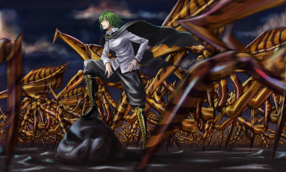 edo tatsuki, arachnid (starship troopers), warrior bug, wriggle nightbug, starship troopers, touhou, uchuu no senshi, 1980s (style), 1girl, aged up, antennae, bloomers, boots, bug, cape, crossover, green eyes, green hair, lace-up boots, lipstick, makeup, oldschool, open mouth, retro artstyle, short hair, underwear