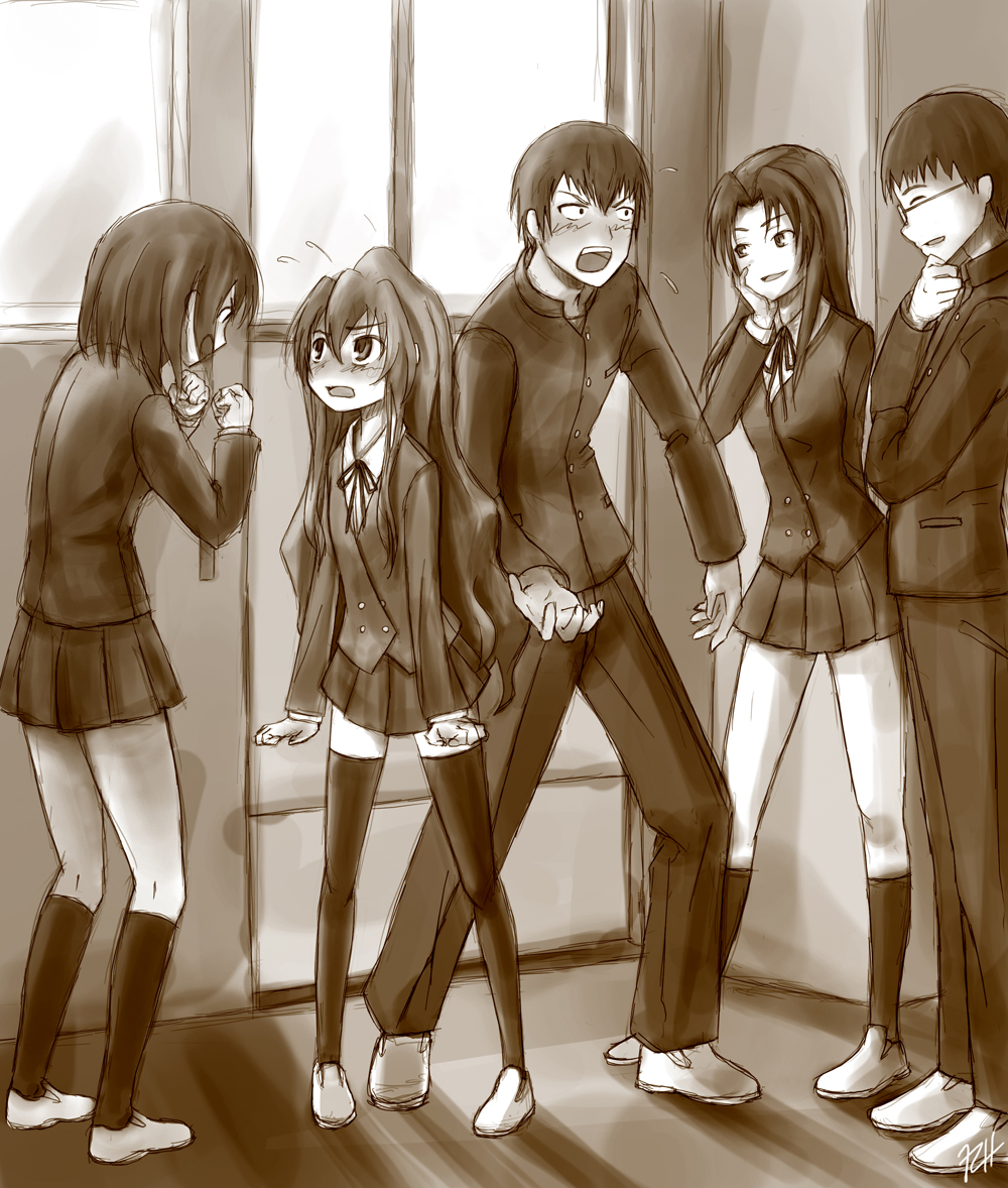 ranh, aisaka taiga, kawashima ami, kitamura yuusaku, kushieda minori, takasu ryuuji, toradora!, 00s, 2boys, 3girls, blush, embarrassed, monochrome, multiple boys, multiple girls, pleated skirt, school uniform, sepia, skirt, thighhighs, zettai ryouiki