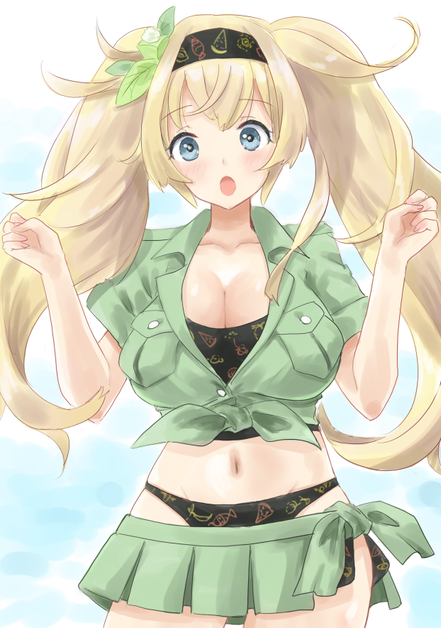 kitagawa mikio, gambier bay (kancolle), gambier bay (summer) (kancolle), gambier bay mk ii (kancolle), kantai collection, 1girl, beach, bikini, bikini under clothes, black bikini, black hairband, blonde hair, blue eyes, breast pocket, breasts, cloud, cloudy sky, green shirt, green skirt, hairband, large breasts, long hair, one-hour drawing challenge, outdoors, pleated skirt, pocket, shirt, skirt, sky, solo, swimsuit, tied shirt, twintails, w arms