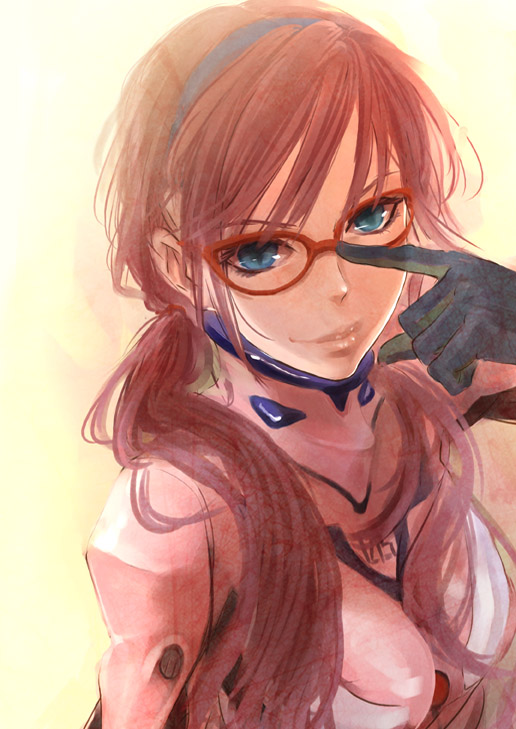 kito (coyo), makinami mari illustrious, neon genesis evangelion, rebuild of evangelion, 00s, 1girl, blue eyes, female focus, glasses, headband, lips, mecha pilot suit, plugsuit (evangelion), red hair, smug, solo