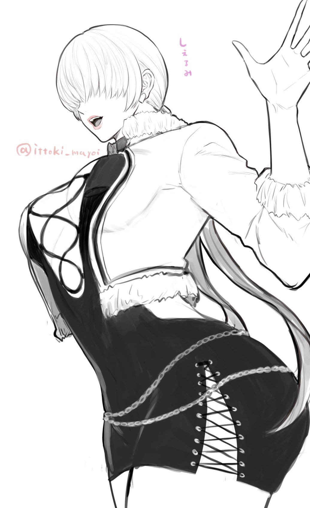 ittoki mayoi, shermie (kof), the king of fighters, 1girl, ass, breasts, cleavage, cleavage cutout, clothing cutout, curvy, dress, earrings, female focus, fishnets, fluffy, hand up, heart, huge ass, huge breasts, jacket, japanese text, jewelry, large breasts, long hair, pale skin, skirt, smile, standing, thick thighs, thighs, twintails