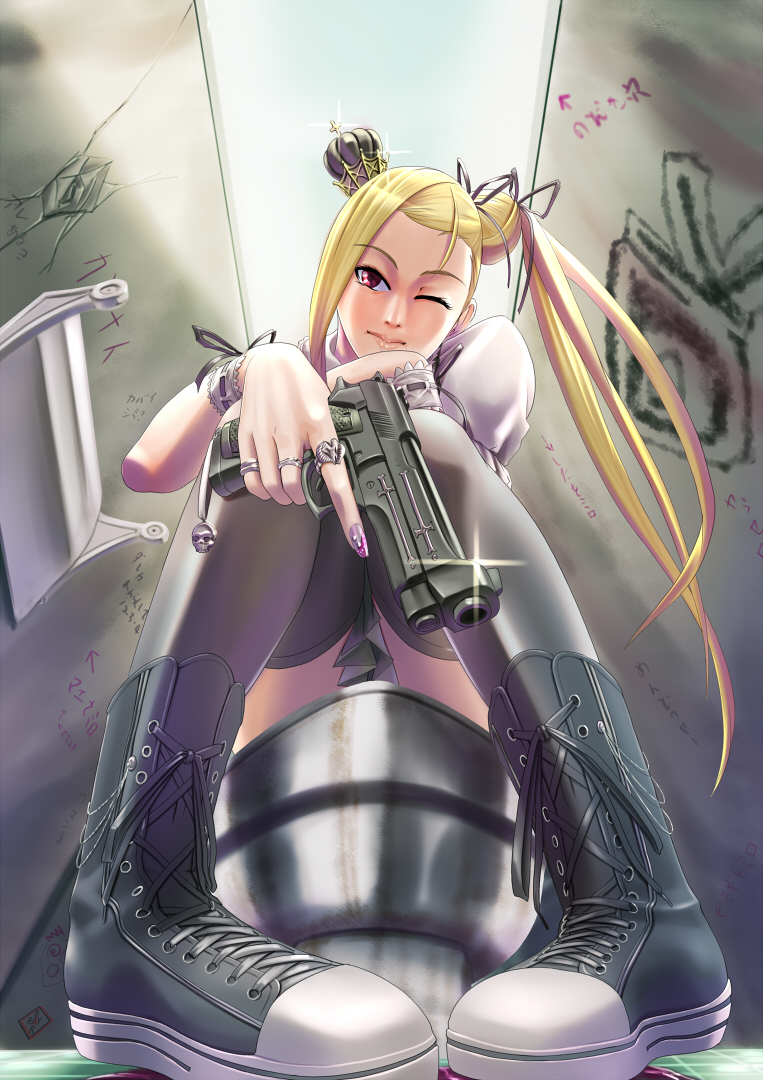 raybar, converse, original, bad id, bad pixiv id, 1girl, bathroom, beretta 92, black crown, blonde hair, crown, female focus, from below, gun, handgun, jewelry, one eye closed, pistol, red eyes, ring, shoes, sitting, sneakers, solo, thighhighs, toilet, toilet stall, trigger discipline, weapon, wink, wrist cuffs