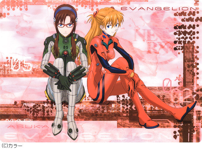 makinami mari illustrious, souryuu asuka langley, evangelion: 2.0 you can (not) advance, neon genesis evangelion, rebuild of evangelion, official art, 00s, 2girls, blue eyes, bodysuit, brown hair, glasses, hairband, long hair, mecha pilot suit, multiple girls, orange hair, plugsuit (evangelion), twintails