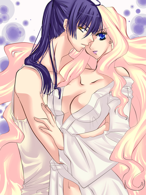 saotome alto, sheryl nome, macross, macross frontier, 00s, 1boy, 1girl, blue eyes, blue hair, breasts, brown eyes, cleavage, couple, hetero, long hair, navel, pink hair, ponytail