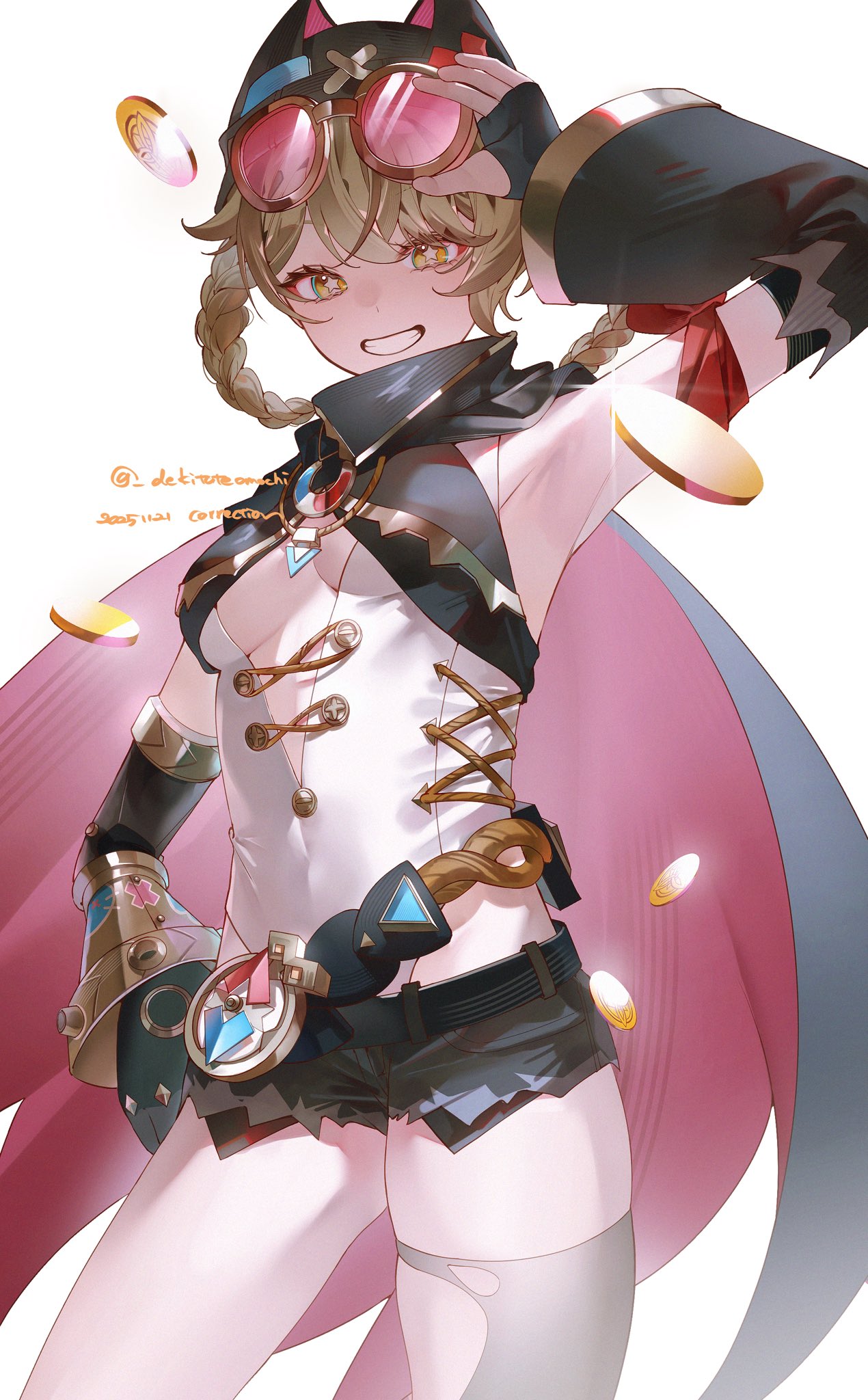 yukiusagi (snowrabbit0508), jahoda (genshin impact), genshin impact, highres, 1girl, blonde hair, braid, braided hair rings, breasts, coin, compass, detached sleeves, fingerless gloves, gloves, goggles, goggles on head, grin, hair rings, hat, leotard, micro shorts, shorts, single thighhigh, small breasts, smile, star-shaped pupils, star (symbol), symbol-shaped pupils, thighhighs, white leotard, yellow eyes