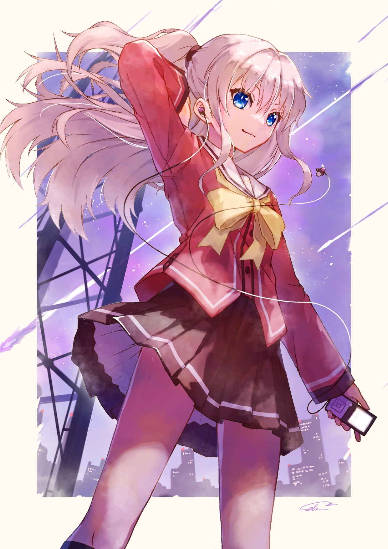 usubatubame, tomori nao, charlotte (anime), commentary request, highres, 1girl, arm behind head, blue eyes, border, bow, bowtie, brown skirt, cityscape, closed mouth, digital media player, dutch angle, earbuds, earphones, feet out of frame, floating hair, from side, grey hair, half updo, holding digital media player, hoshinoumi academy school uniform, kneehighs, long sleeves, miniskirt, night, outdoors, outside border, pleated skirt, red shirt, sailor collar, school uniform, serafuku, shirt, signature, single earphone removed, skirt, socks, solo, standing, thighs, transmission tower, upskirt, white border