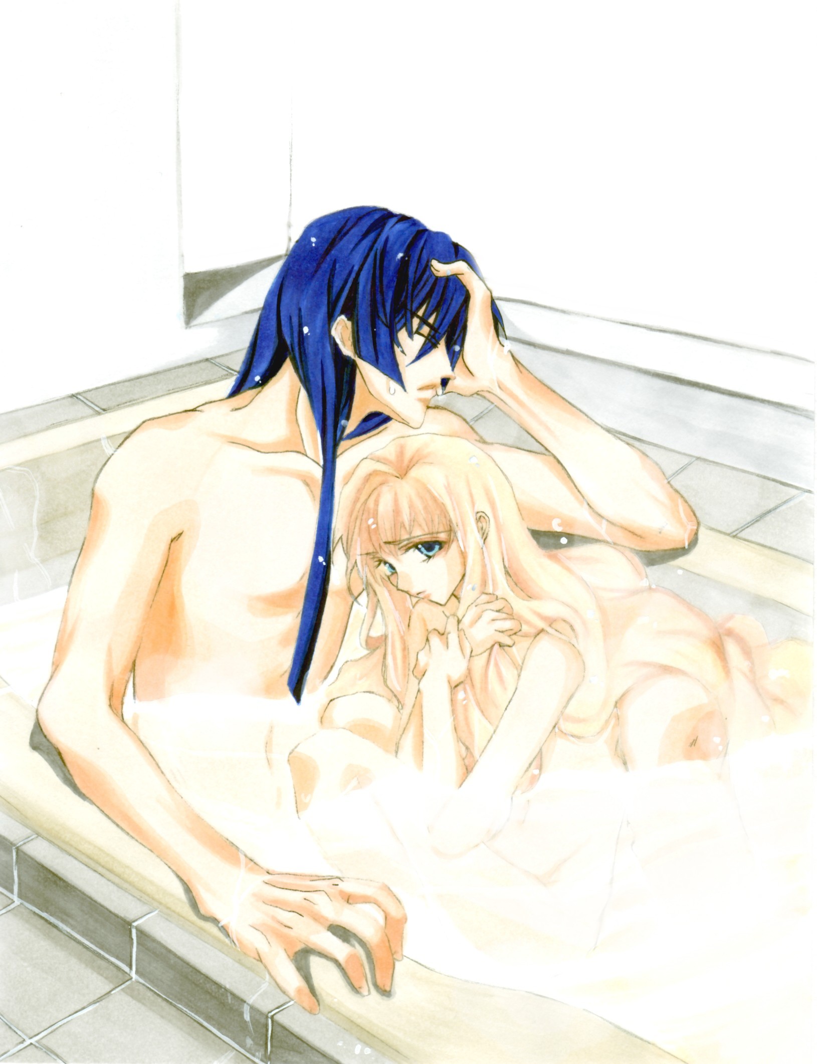 saotome alto, sheryl nome, macross, macross frontier, highres, third-party edit, 00s, 1boy, 1girl, artistic error, bath, blue eyes, blue hair, couple, hetero, long hair, mixed-sex bathing, nude, pink hair, shared bathing, steam