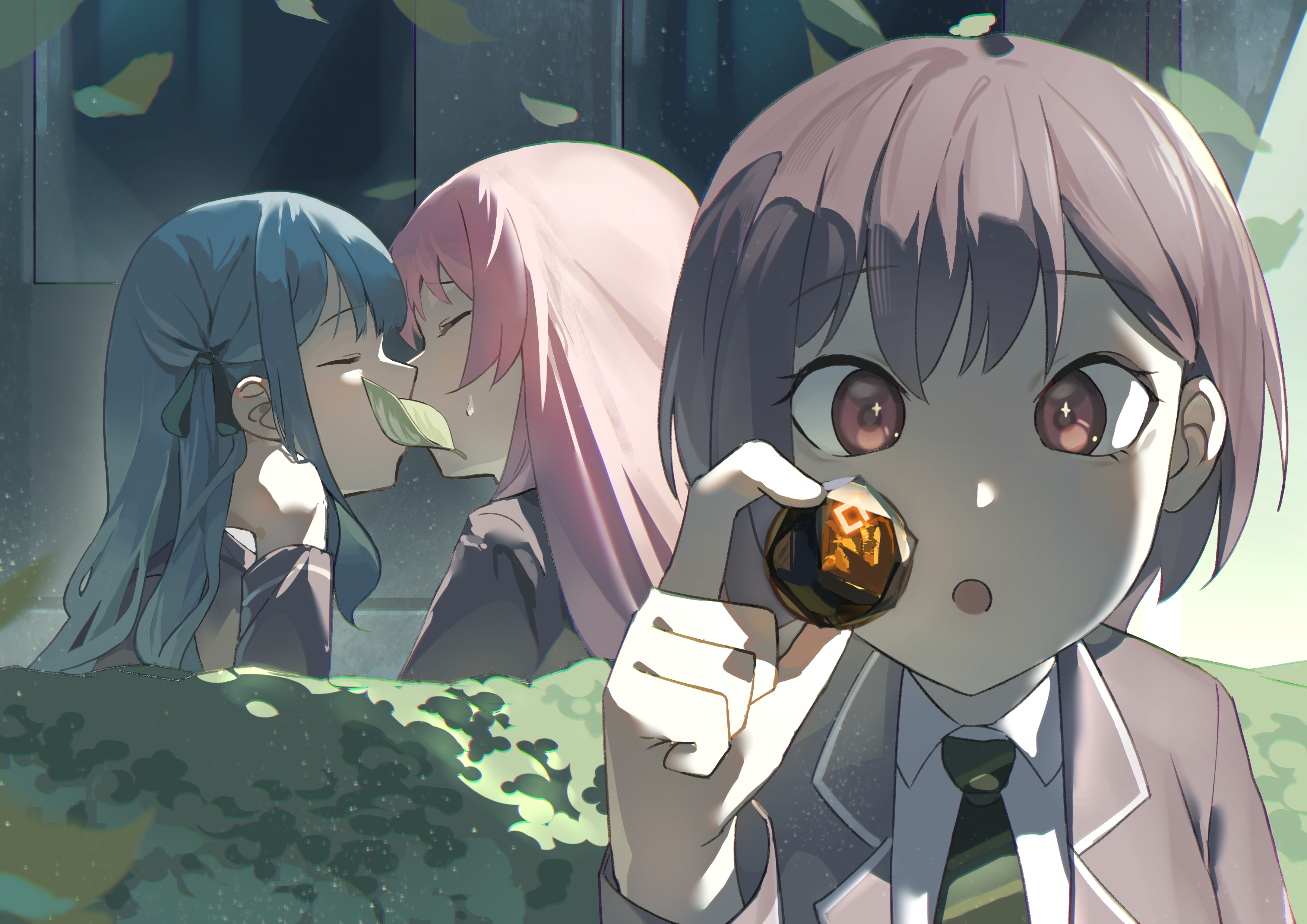 chihaya anon, originite prime (arknights), takamatsu tomori, togawa sakiko, arknights, bang dream!, bang dream! it's mygo!!!!!, shiny eyes, absurdres, highres, 3girls, blue hair, brown hair, collared shirt, green necktie, grey jacket, hair ribbon, haneoka school uniform, jacket, kiss, leaf, long hair, long sleeves, multiple girls, necktie, open mouth, pink hair, ribbon, rock, school uniform, shirt, short hair, striped necktie, twintails, yuri, zs (pixiv 112074548)