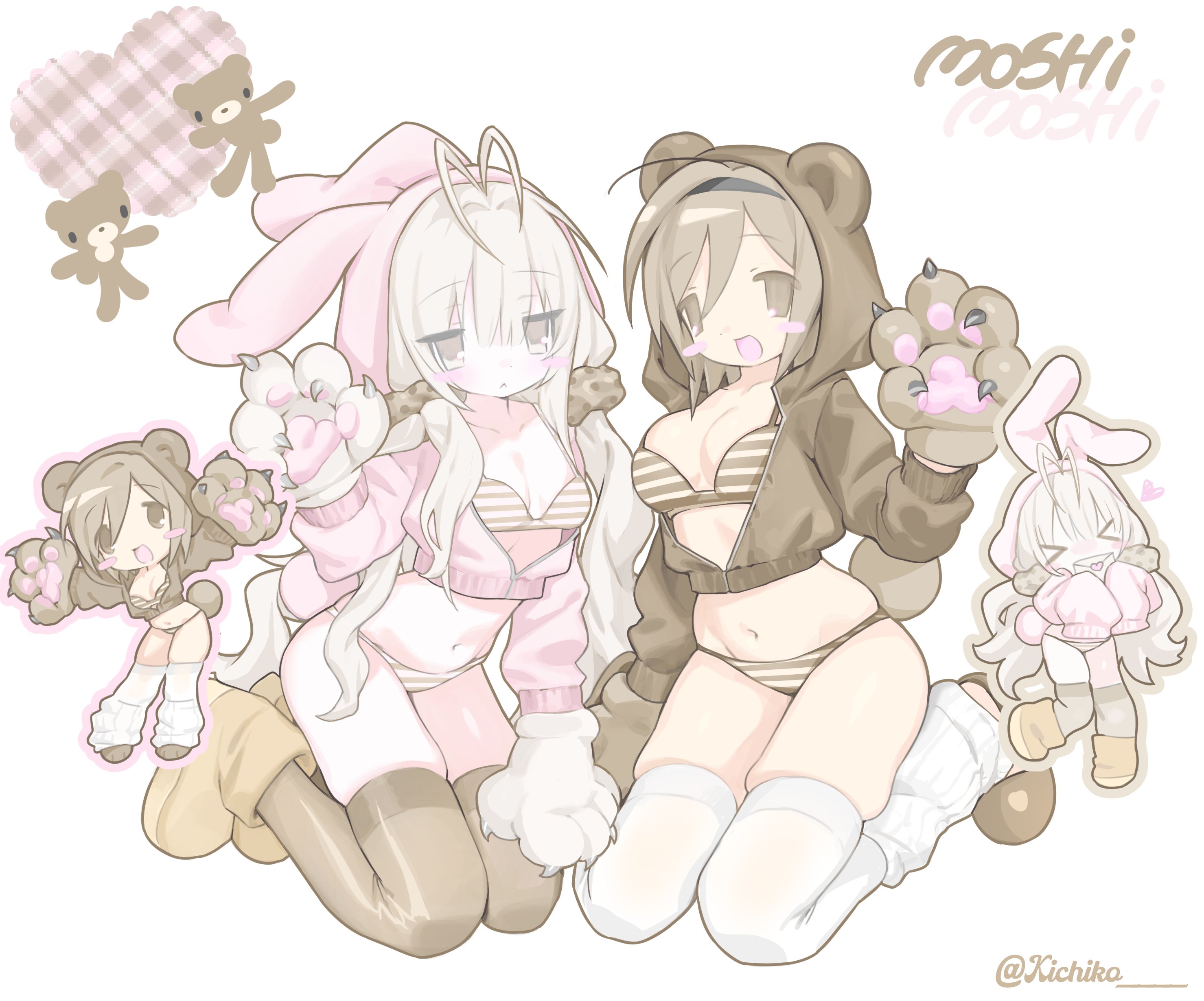 kichiko (ryu10855), original, absurdres, commentary, highres, symbol-only commentary, > <, 2girls, :<, :d, animal ear hood, animal hands, antenna hair, arms up, bear girl, bear tail, black hairband, blush stickers, bra, breasts, brown bra, brown eyes, brown hair, brown jacket, brown panties, brown shoes, brown thighhighs, chibi, chibi inset, cleavage, cropped jacket, fake animal ears, full body, gloves, hair ornament, hair scrunchie, hairband, hand up, heart, holding, holding letter, hood, hood up, hooded jacket, jacket, jitome, kneeling, large breasts, leg warmers, letter, long hair, long sleeves, looking at viewer, low twintails, multiple girls, open mouth, panties, paw gloves, pink jacket, rabbit girl, rabbit tail, scrunchie, shoes, short hair, sitting, skindentation, small breasts, smile, striped bra, striped clothes, striped panties, tail, thighhighs, twintails, twitter username, underwear, very long hair, wariza, wavy hair, white background, white eyes, white hair, white leg warmers, white thighhighs