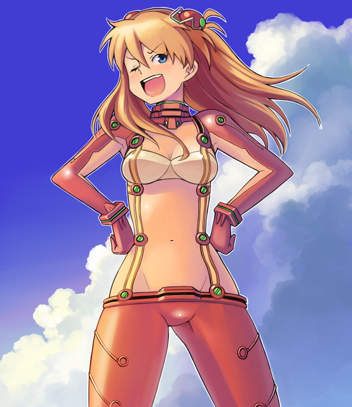bowieknife, souryuu asuka langley, evangelion: 2.0 you can (not) advance, neon genesis evangelion, rebuild of evangelion, 00s, 1girl, ;d, blue eyes, blush, bodysuit, breasts, cleavage, cloud, covered navel, cowboy shot, cumulonimbus cloud, day, facing viewer, female focus, gloves, half updo, hands on own hips, interface headset (evangelion), long hair, looking at viewer, mecha pilot suit, one eye closed, open mouth, orange hair, outdoors, outline, plugsuit (evangelion), red bodysuit, red gloves, red hair, revealing clothes, see-through cleavage, see-through clothes, skin tight, sky, small breasts, smile, solo, standing, test plugsuit (evangelion), white outline, wink