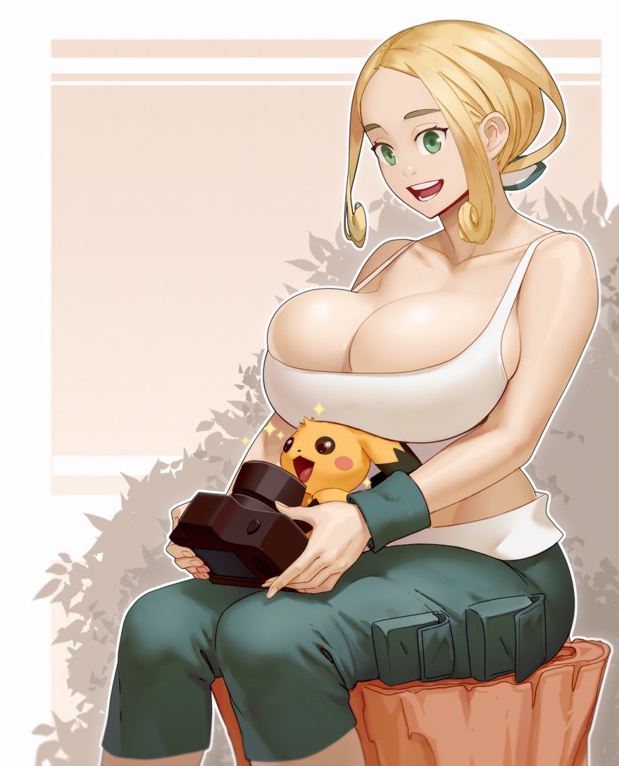 materclaws, pichu, viola (pokemon), nintendo, pokemon, pokemon xy, 1girl, border, breasts, bush, camera, capri pants, cleavage, gen 2 pokemon, green eyes, green pants, holding, holding camera, large breasts, open mouth, pants, parted bangs, short hair, sidelocks, sitting, tank top, tree stump, white border, white tank top, wristband