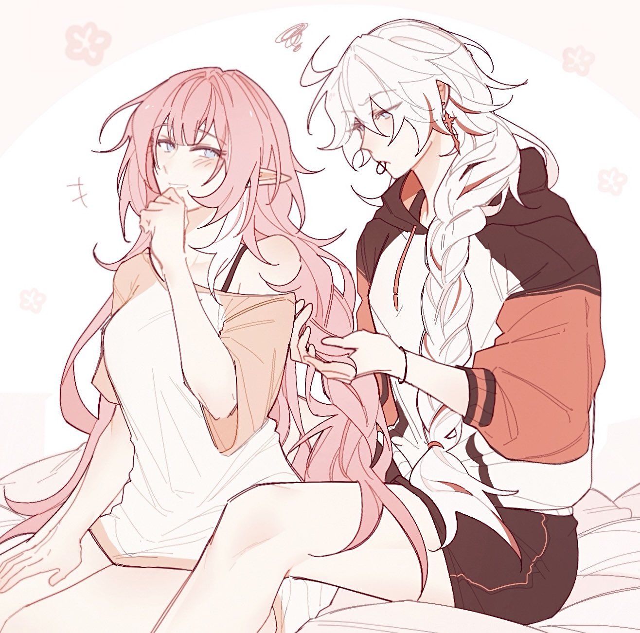 riejiu, elysia (honkai impact), kiana kaslana, kiana kaslana (herrscher of flamescion), kiana kaslana (void drifter), honkai (series), honkai impact 3rd, commentary, highres, symbol-only commentary, 2girls, black shorts, blue eyes, blush, braiding another's hair, braiding hair, breasts, earrings, elf, hair tie in mouth, hairdressing, jewelry, long hair, medium breasts, mouth hold, multicolored hair, multicolored hood, multiple girls, orange hair, pink hair, pointy ears, self cosplay, shorts, sitting, streaked hair, thighs, two-tone hair, two-tone shirt, very long hair, white hair