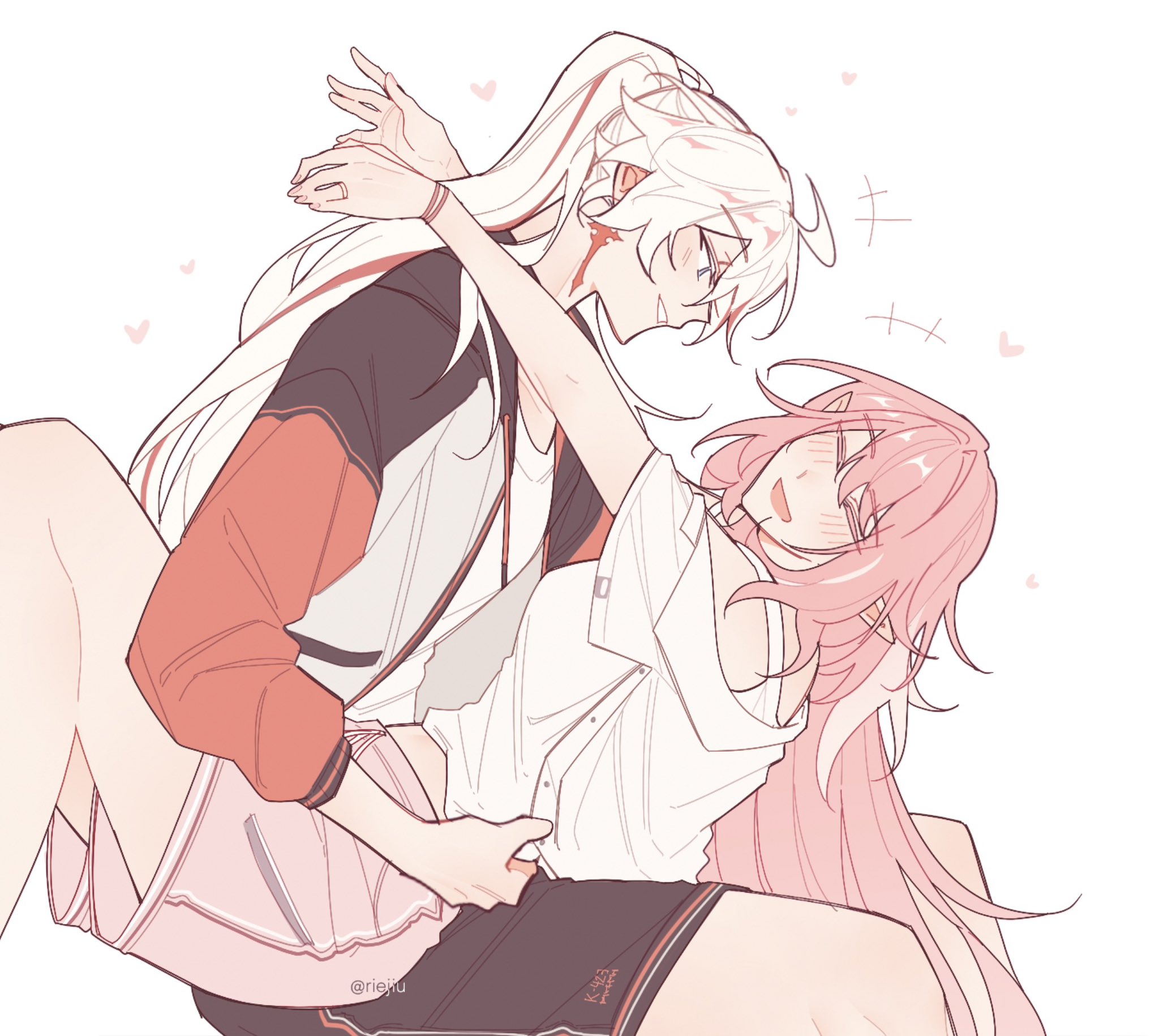 riejiu, elysia (herrscher of human: ego) (honkai impact), elysia (honkai impact), kiana kaslana, kiana kaslana (herrscher of flamescion), kiana kaslana (void drifter), honkai (series), honkai impact 3rd, commentary, highres, symbol-only commentary, 2girls, blush, breasts, carrying, carrying person, elf, jacket, long hair, medium breasts, multicolored hair, multicolored jacket, multiple girls, official alternate costume, orange hair, pink hair, pink shorts, pointy ears, ponytail, self cosplay, shirt, shorts, simple background, smile, streaked hair, two-tone hair, very long hair, white background, white hair, white jacket, white shirt, yuri