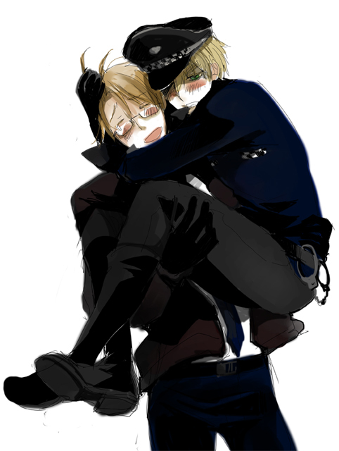 nair (mindcreator), america (hetalia), united kingdom (hetalia), axis powers hetalia, 00s, 2boys, blush, cuffs, handcuffs, hat, male focus, multiple boys, peaked cap, police, police uniform, yaoi