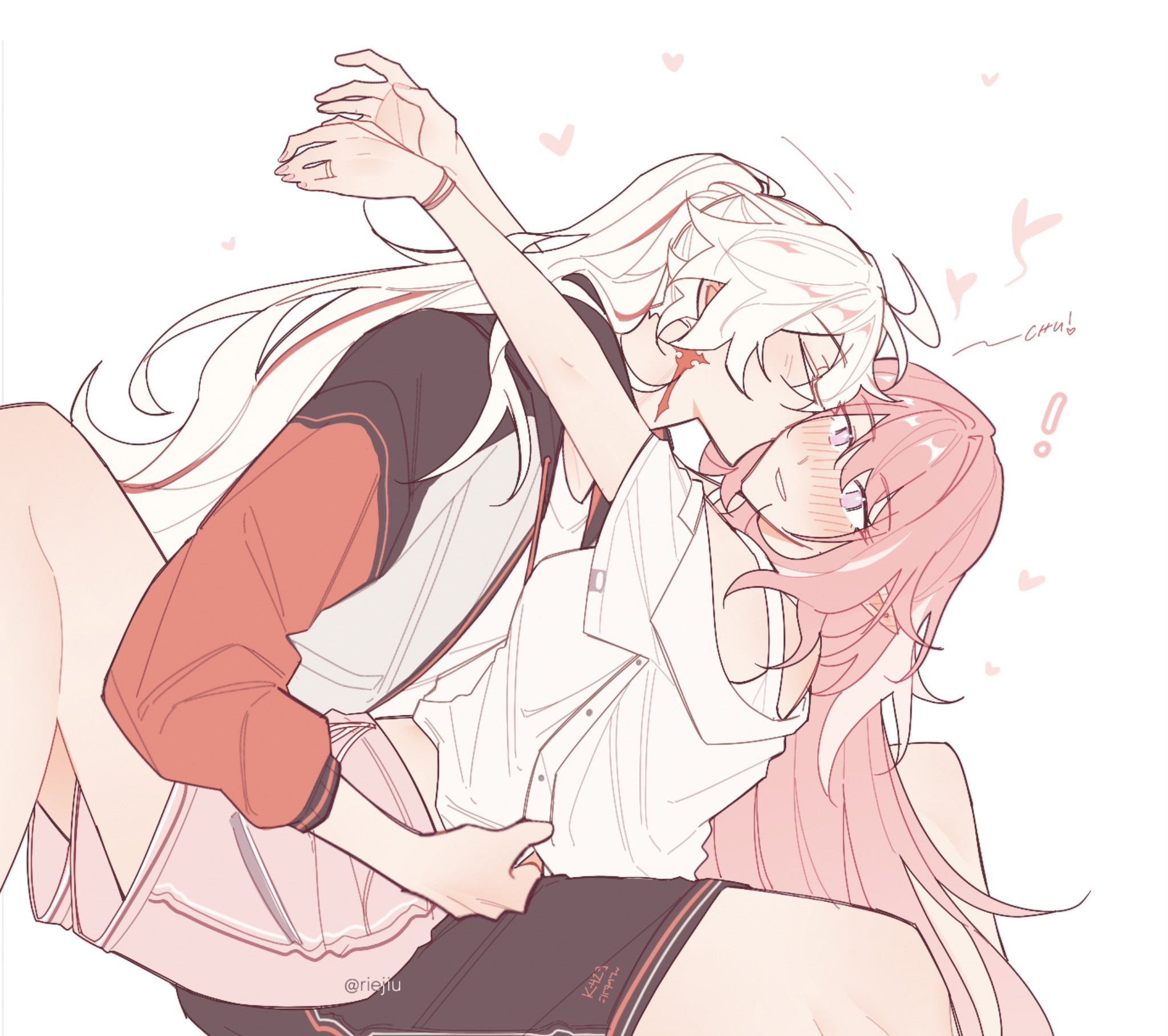 riejiu, elysia (herrscher of human: ego) (honkai impact), elysia (honkai impact), kiana kaslana, kiana kaslana (herrscher of flamescion), kiana kaslana (void drifter), honkai (series), honkai impact 3rd, commentary, highres, symbol-only commentary, !, 2girls, blush, breasts, carrying, carrying person, elf, heart, jacket, kiss, kissing cheek, long hair, medium breasts, multicolored hair, multicolored jacket, multiple girls, official alternate costume, orange hair, pink hair, pink shorts, pointy ears, ponytail, purple eyes, self cosplay, shirt, shorts, simple background, slit pupils, streaked hair, two-tone hair, very long hair, white background, white hair, white jacket, white shirt, yuri