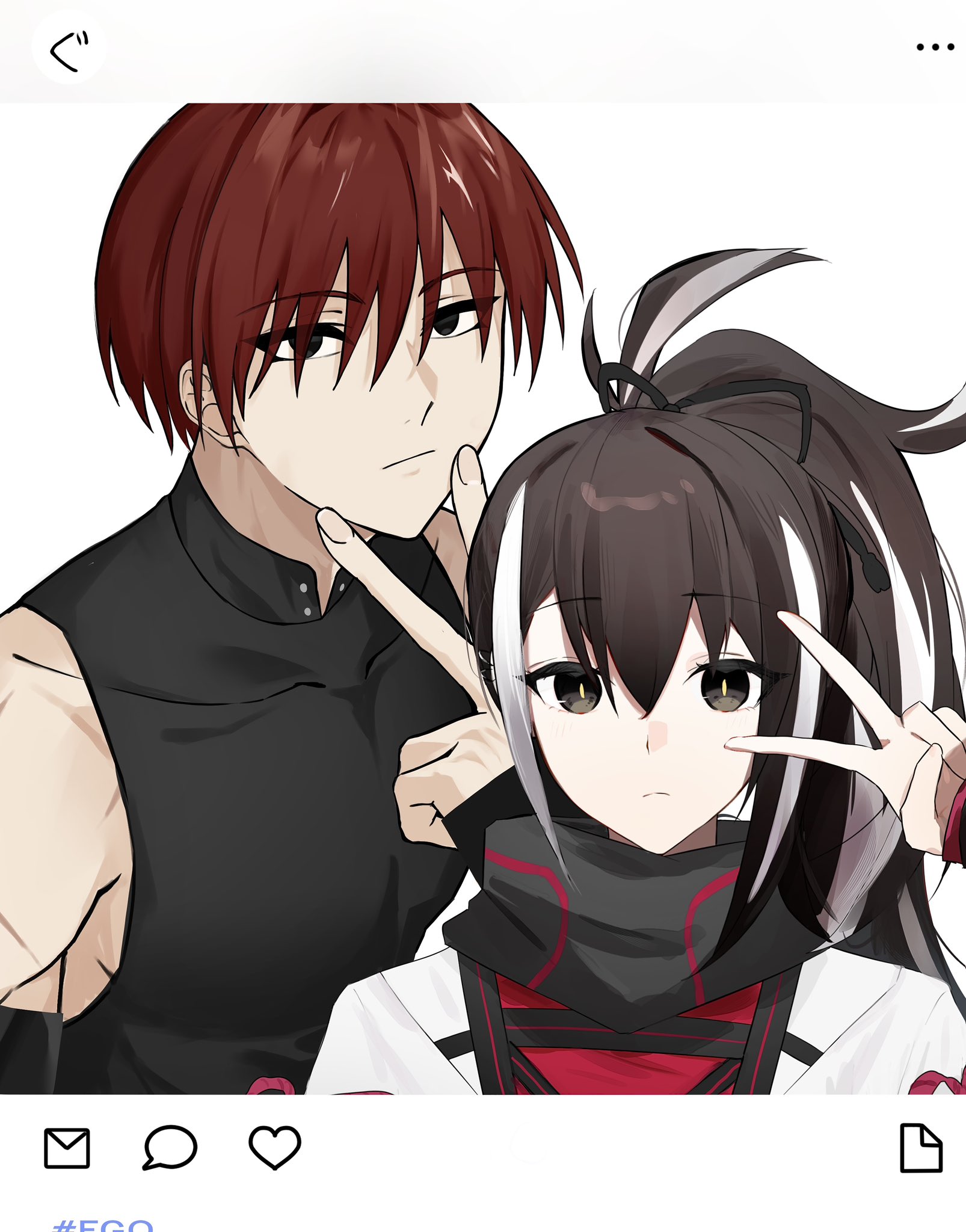 nyapre, harada sanosuke (fate), kawakami gensai (fate), fate/grand order, fate (series), highres, 1boy, 1girl, bare shoulders, black bow, black eyes, black hair, black shirt, bow, collared shirt, expressionless, hair bow, hair over eyes, looking at viewer, multicolored hair, red hair, shirt, sleeveless, sleeveless shirt, toned, toned male, two-tone hair, upper body, v, v over eye, v over mouth, white hair