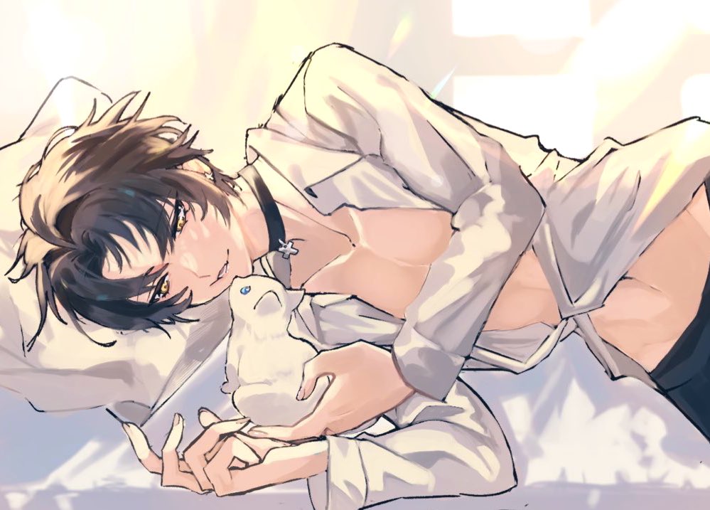 asaba harumasa, zenless zone zero, commentary, english commentary, 1boy, animal, black choker, black hair, blue pants, cat, choker, collarbone, earrings, half-closed eyes, head on pillow, holding, holding animal, holding cat, indoors, jewelry, limited0twst0s, looking at animal, lying, male focus, navel, on bed, on side, open mouth, pants, parted bangs, partially unbuttoned, pectorals, pillow, shirt, short hair, upper body, white cat, white shirt, window, yellow eyes