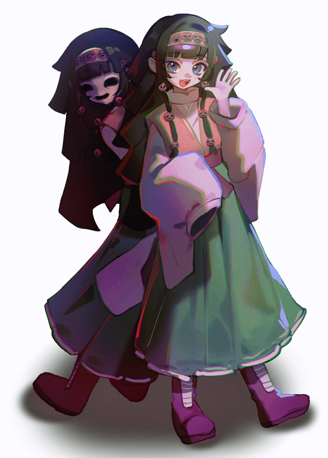 cloud (lufaeris), alluka zoldyck, nanika (hunter x hunter), hunter x hunter, commentary, english commentary, highres, 2boys, black hair, blue eyes, blunt bangs, boots, dual persona, full body, green skirt, hand up, hollow eyes, hollow mouth, japanese clothes, long hair, long sleeves, looking at viewer, male focus, multiple boys, open mouth, purple boots, purple robe, robe, simple background, skirt, smile, trap, white background