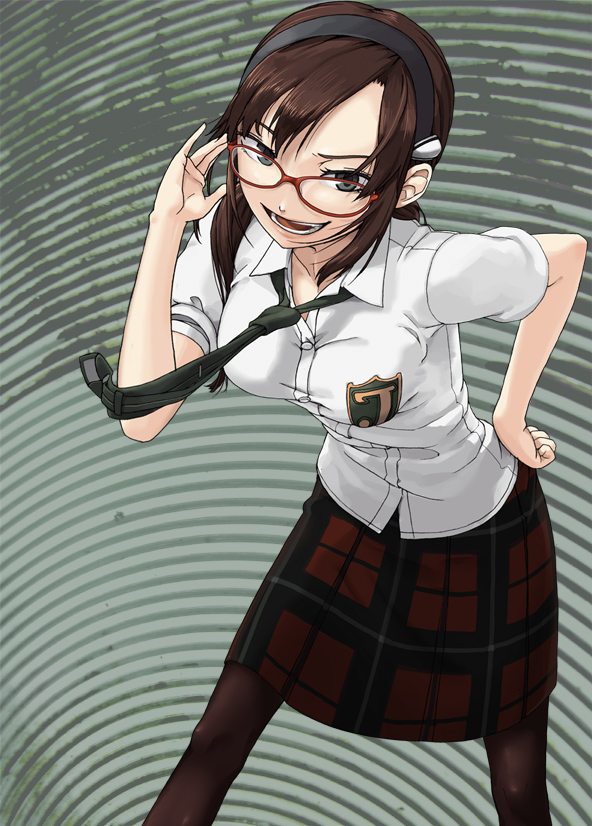itsutsu, makinami mari illustrious, evangelion: 2.0 you can (not) advance, neon genesis evangelion, rebuild of evangelion, 00s, 1girl, breasts, female focus, glasses, hairband, necktie, pantyhose, plaid clothes, plaid skirt, school uniform, skirt, solo
