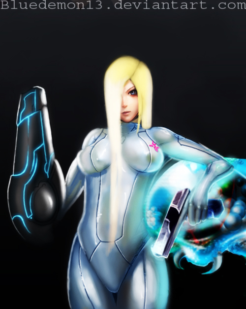 bluedemon13, samus aran, metroid, nintendo, banned artist, blonde hair, bodysuit, gun, shiny clothes, skin tight, weapon, zero suit