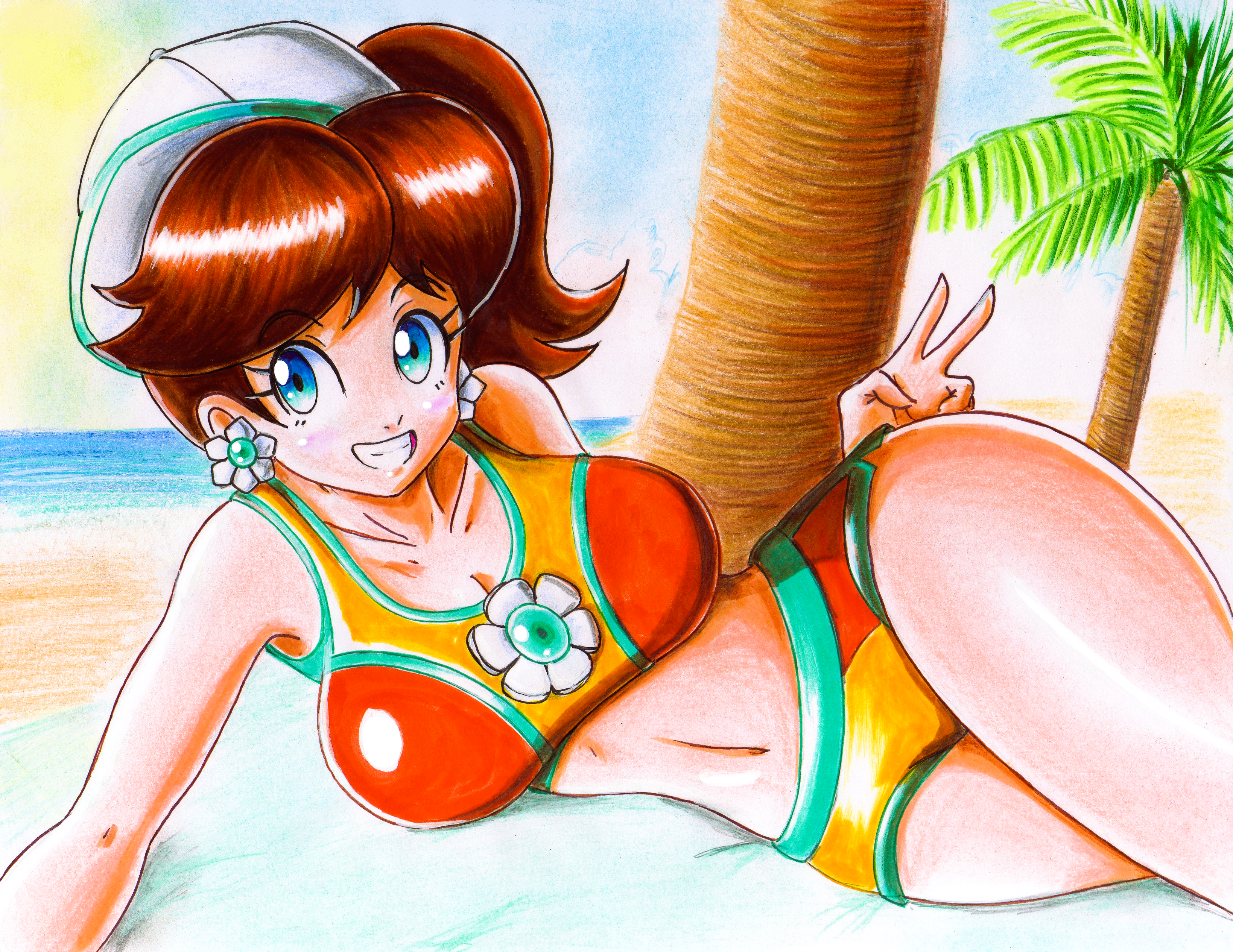 akiralight, princess daisy, princess daisy (swimwear) (mario kart world), mario (series), mario kart, mario kart world, nintendo, traditional media, 1girl, baseball cap, beach, bikini, bikini top only, blue eyes, blush, breasts, brooch, brown hair, cleavage, cloud, collarbone, earrings, flower brooch, flower earrings, grin, hat, jewelry, large breasts, long hair, looking at viewer, lying, navel, ocean, palm tree, ponytail, sand, shorts, sky, smile, swimsuit, teeth, tree, v, water, white hat, yellow bikini, yellow shorts