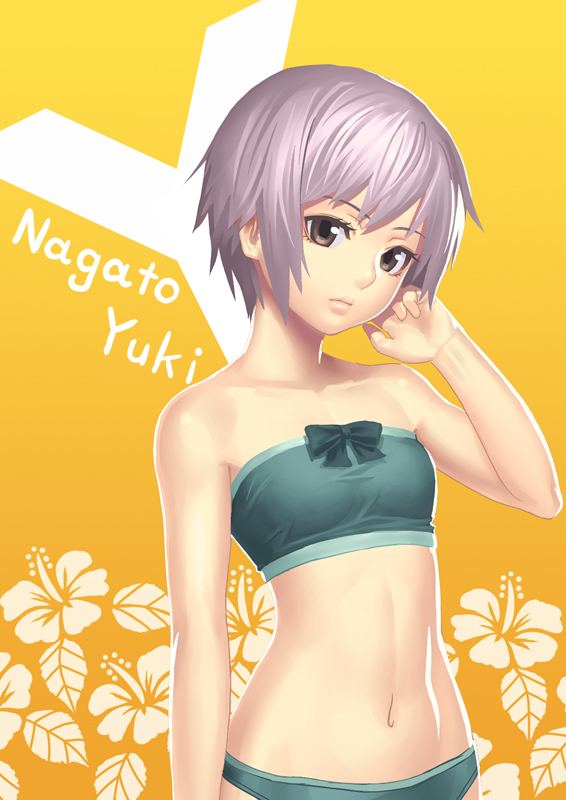k+, nagato yuki, suzumiya haruhi no yuuutsu, silver hair, 00s, 1girl, abs, bandeau, bare shoulders, bikini, brown eyes, female focus, lips, looking at viewer, navel, short hair, solo, swimsuit