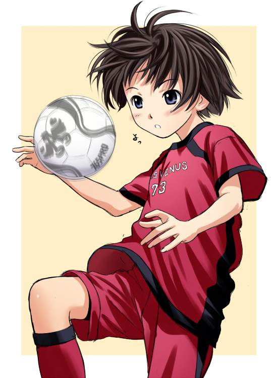 nekopuchi, kikuchi makoto, idolmaster, idolmaster (classic), 00s, 1girl, androgynous, antenna hair, ball, black hair, clothes writing, female focus, kneehighs, playing sports, raglan sleeves, reverse trap, short hair, simple background, soccer, soccer ball, soccer uniform, socks, solo, sportswear, tomboy