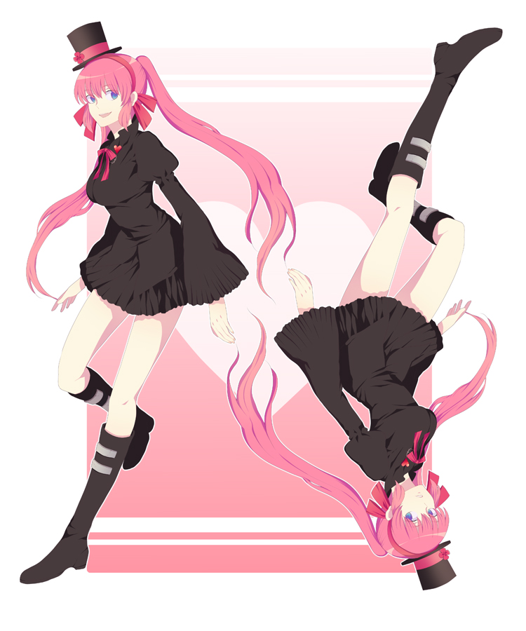 harano, original, 2girls, boots, dress, gothic lolita, hat, lolita fashion, mini hat, mini top hat, multiple girls, pink hair, siblings, sisters, top hat, twins, twintails