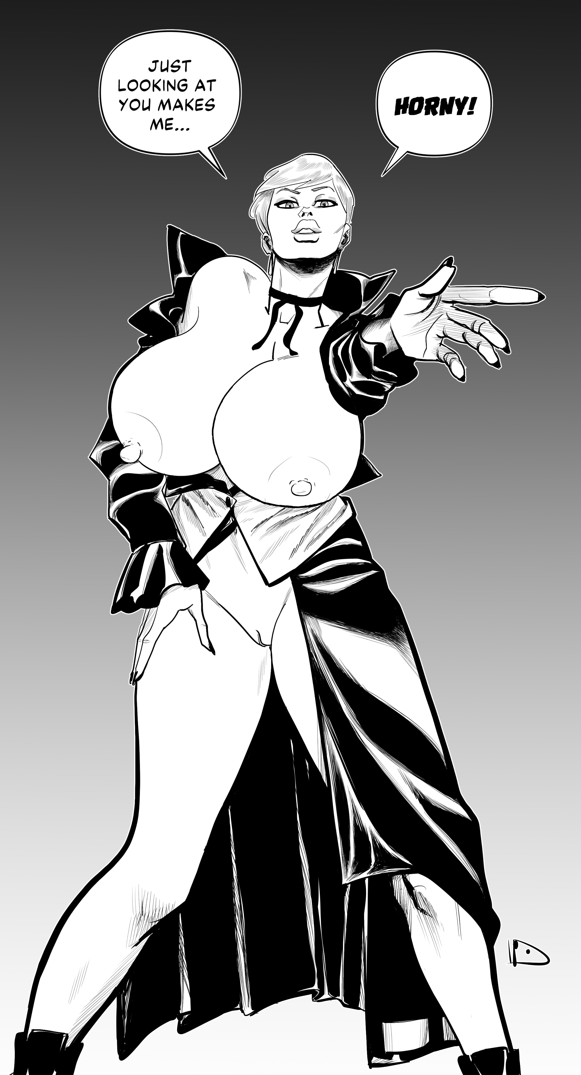 onesheeparmy, vice (kof), the king of fighters, commentary, english commentary, 1girl, breasts, breasts out, collar, dress, earrings, english text, female focus, huge breasts, jewelry, large breasts, long sleeves, looking at viewer, open clothes, short hair, skirt, standing