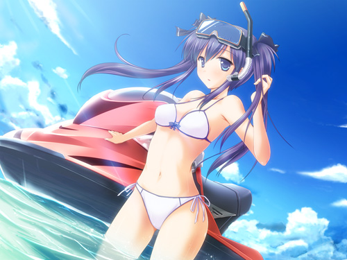 ryoumoto ken, original, lowres, bikini, day, jet ski, snorkel, solo, swimsuit, white bikini